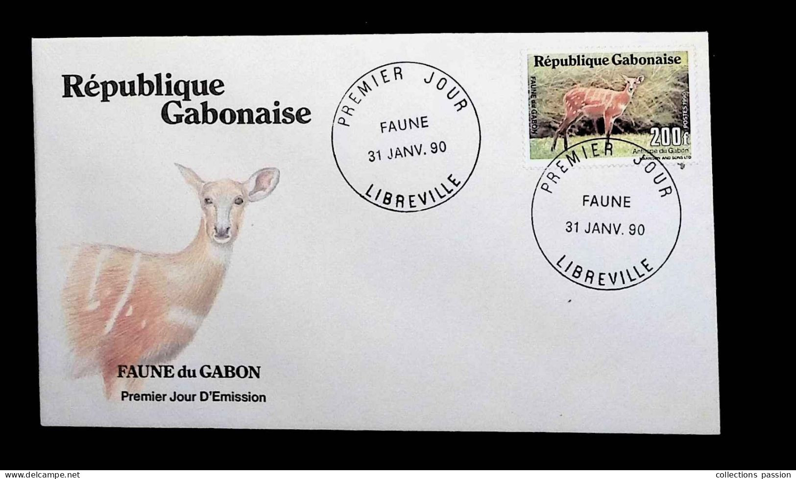 CL, FDC, Premier Jour,  Gabon, Libreville, 31 Janv. 90, Faune, Antilope Du Gabon - Gabon