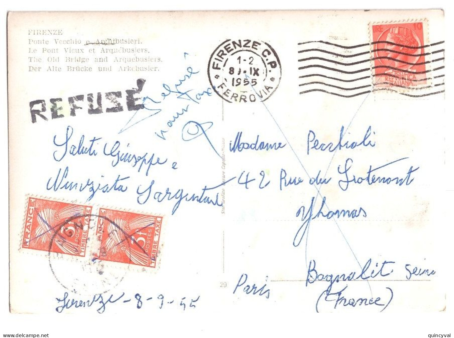 FIRENZE CP Ferrovia Carte Postale Itale 10 Lire Taxe France 6F 2x3F Gerbes Yv T 73 REFUSE Ob BAGNOLET 1955 - 1859-1959 Brieven & Documenten