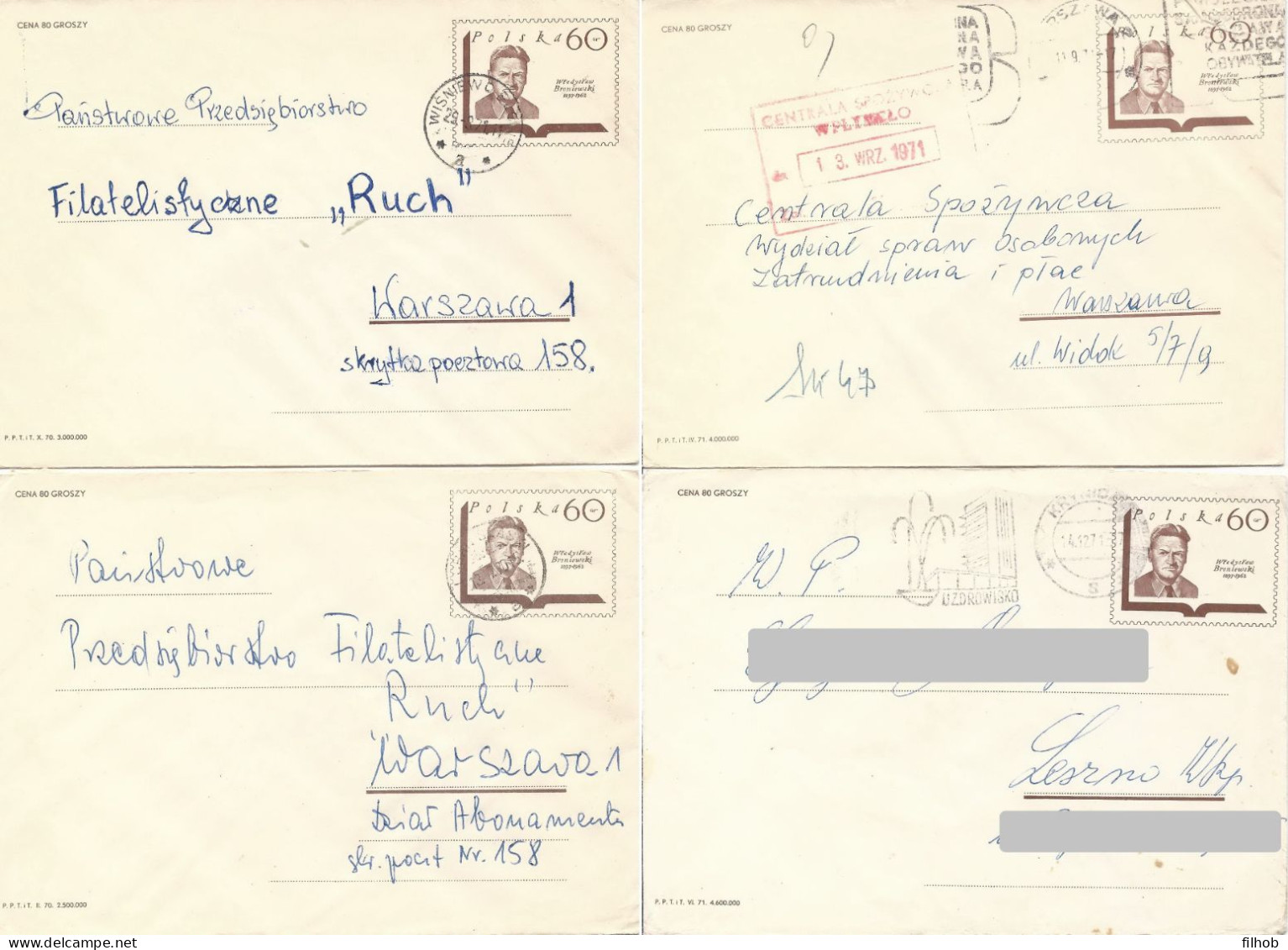 Poland Envelope (0959) Set4: Used Ck 51 S.70.II+70.X+71.IV+71.VI Wladyslaw Broniewski Poet (postal Circulation) - Stamped Stationery