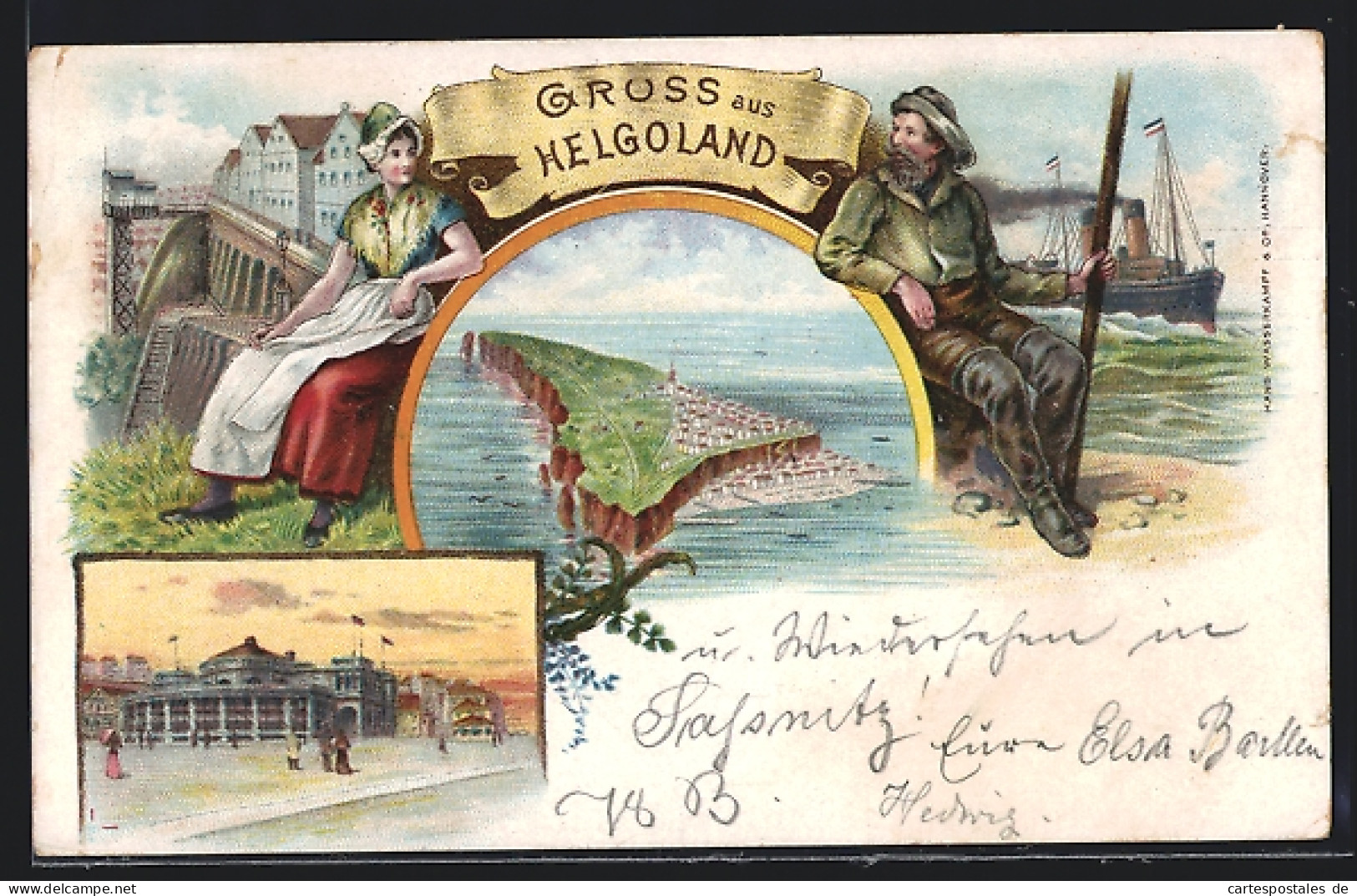 Lithographie Helgoland, Fischerpaar An Der Mole, Gesamtansicht  - Helgoland