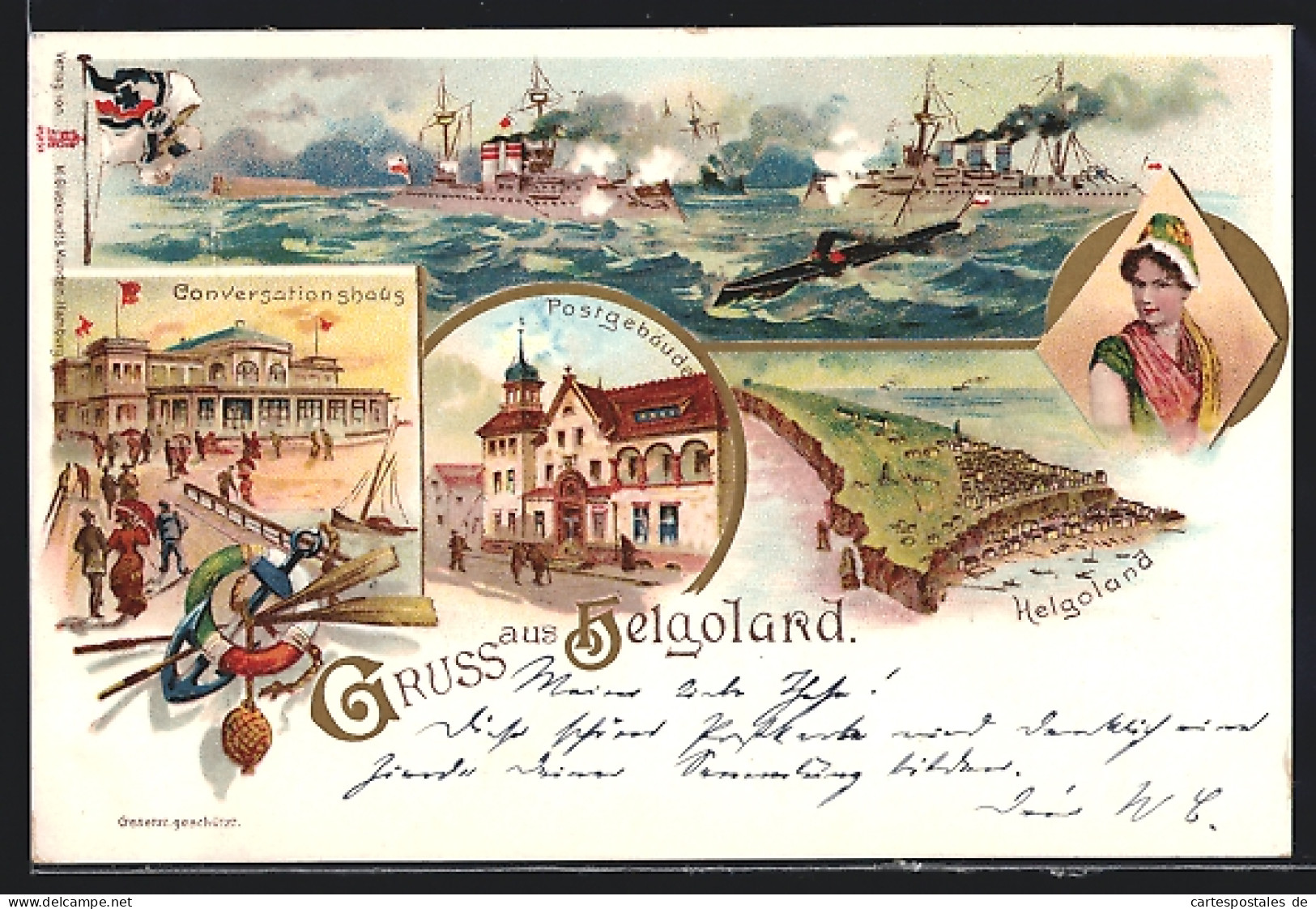 Lithographie Helgoland, Kriegsschiffe Unter Volldampf, Conversationshaus, Postgebäude, Helgoländerin In Tracht  - Helgoland