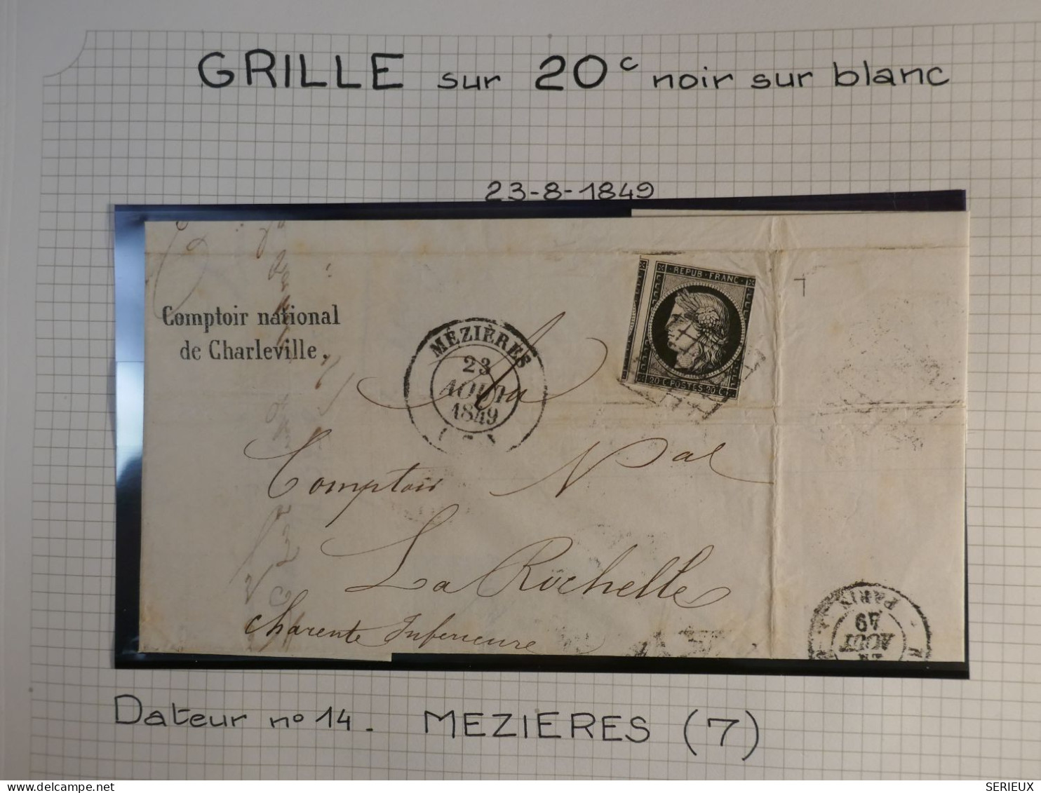 DL 10 FRANCE BELLE LETTRE  RARE 23 8 1849  MEZIERES A LA ROCHELLE + CERES N°3 VOISIN + VU BEHR.DISPERSION COLLECTION+++ - 1849-1850 Ceres