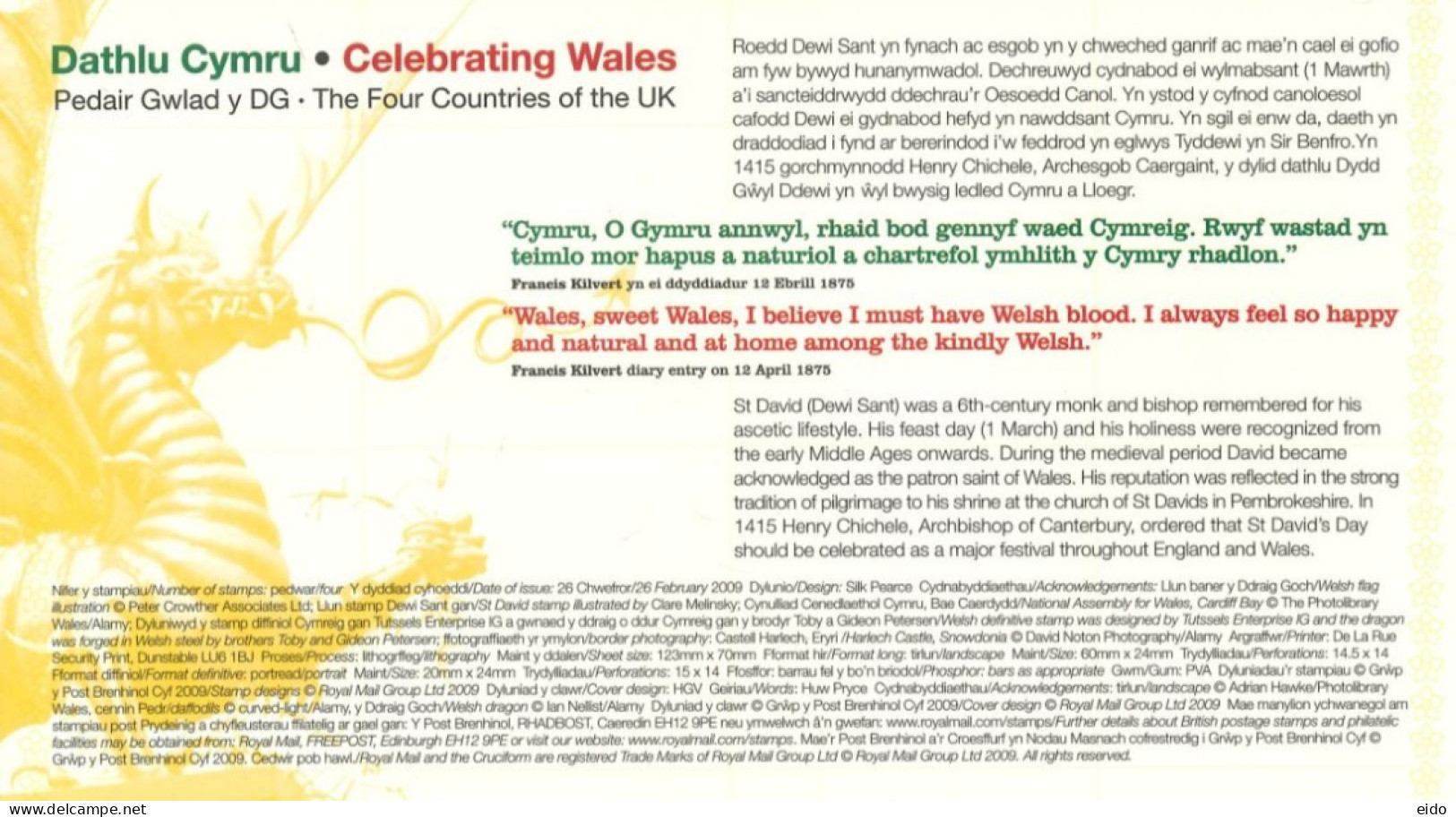 GREAT BRITAIN - 2009, FDC MINIATURE STAMPS SHEET OF DATHLU CYMRU CEEBRATING WALES. - Lettres & Documents