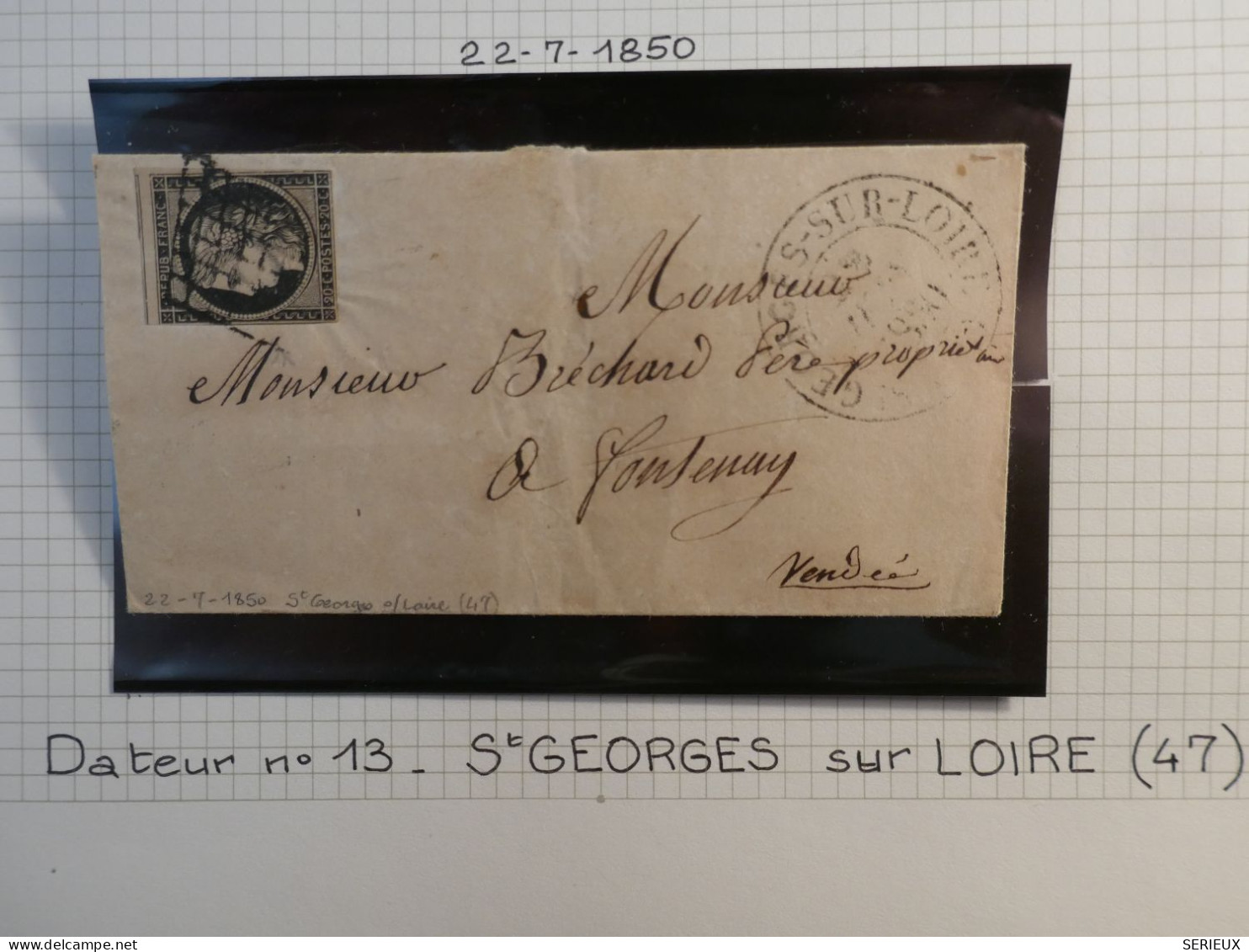 DL10 FRANCE LETTRE  RR 22 7 1850 PETIT BUREAU  ST GEORGE S LOIRE A FONTENAY  +  N°3  + VU BEHR.DISPERSION COLLECTION++ - 1849-1850 Cérès
