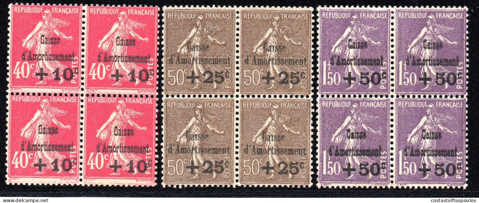 2684.FRANCE 1930 SINKING FUND Y.T.266-268,SC. B35-B37,VERY FINE MNH BLOCKS OF 4 - 1927-31 Caisse D'Amortissement