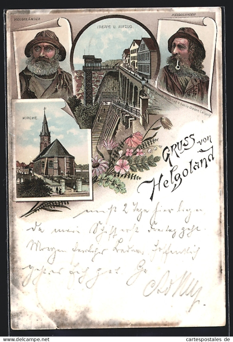 Lithographie Helgoland, Treppe Und Aufzug, Kirche, Helgoländer  - Helgoland
