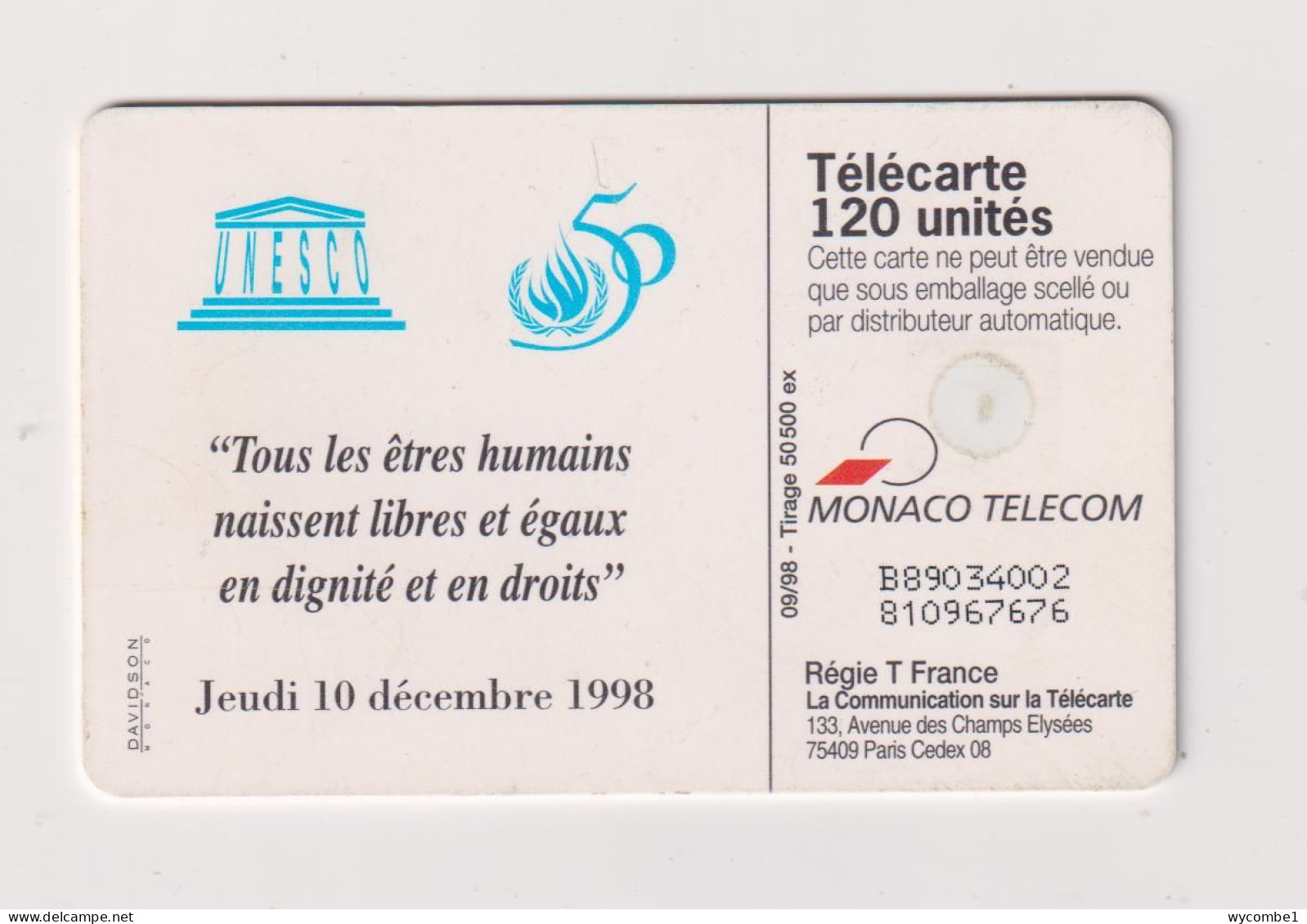 MONACO -  UNESCO Human Rights Chip  Phonecard - Monaco