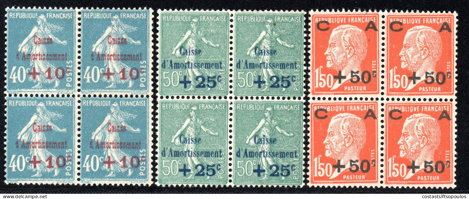 2685.FRANCE 1927 SINKING FUND Y.T.246-248,SC. B24-B26, BLOCKS OF 4, UPPER PAIR VERY LIGHT TRACES OF HINGE,LOWER MNH - 1927-31 Caisse D'Amortissement