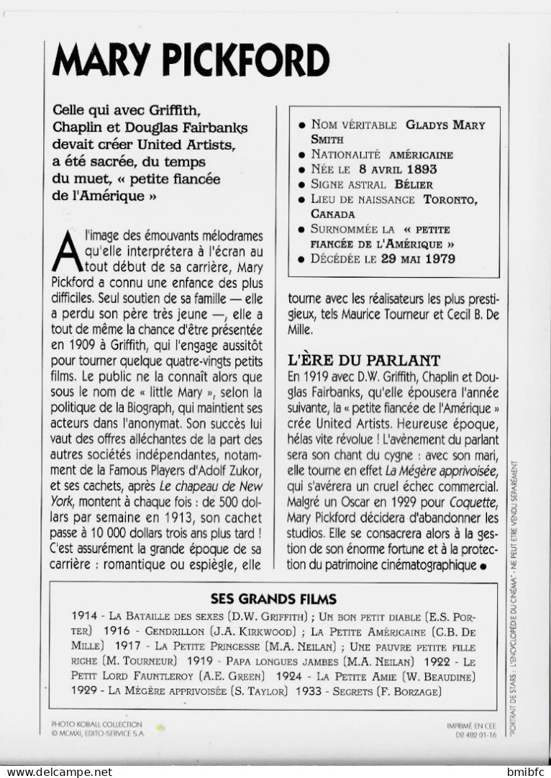 Thème Cinéma  (acteur-actrice)  - MARY PICKFORD       -   Nom Véritable : Gladys Mary Smith - Autres & Non Classés