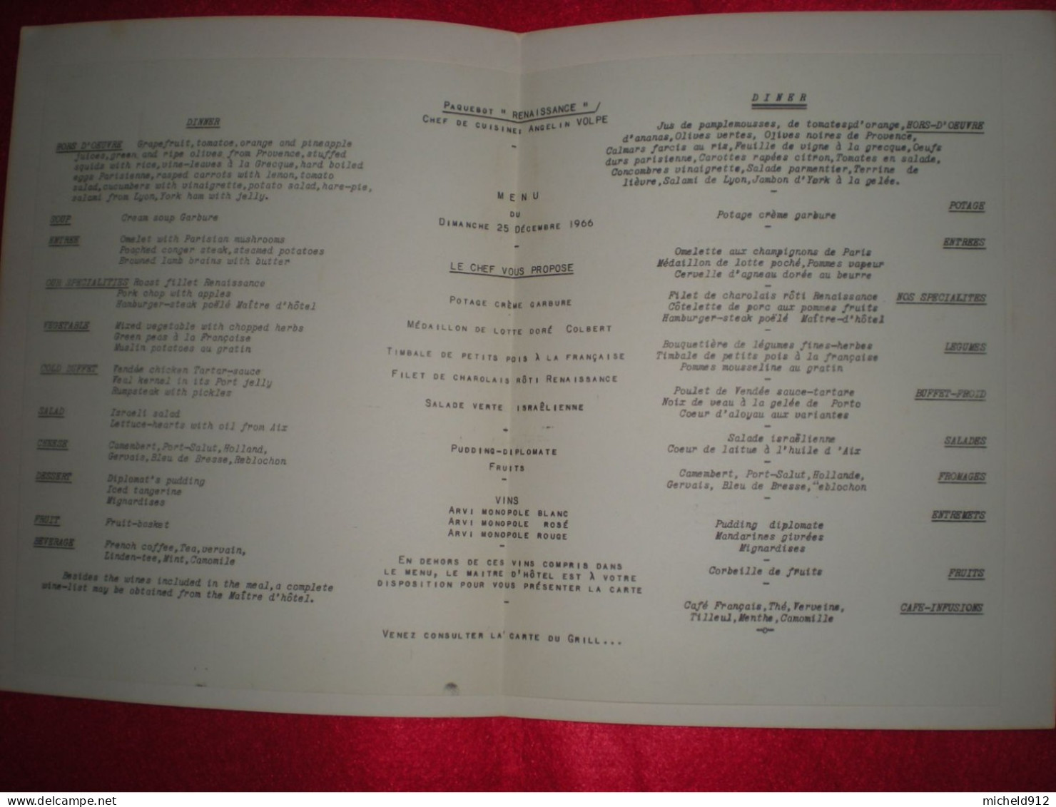 MENU DE NOEL 1966 - PAQUEBOT RENAISSANCE - Sonstige & Ohne Zuordnung