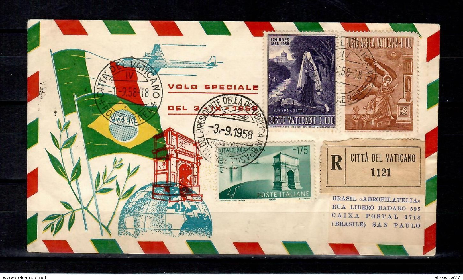 Vaticano 1958 Volo Speciale Roma - Rio De Janeiro In RACCOMANDATA - Storia Postale