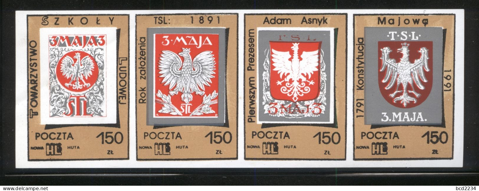 POLAND SOLIDARNOSC POCZTA HLS 1991 3 MAY POLISH EAGLES 100TH ANNIVERSARY TSL MOVEMENT STRIP OF 4 CRESTS (SOLID0207/0861) - Vignettes De Fantaisie