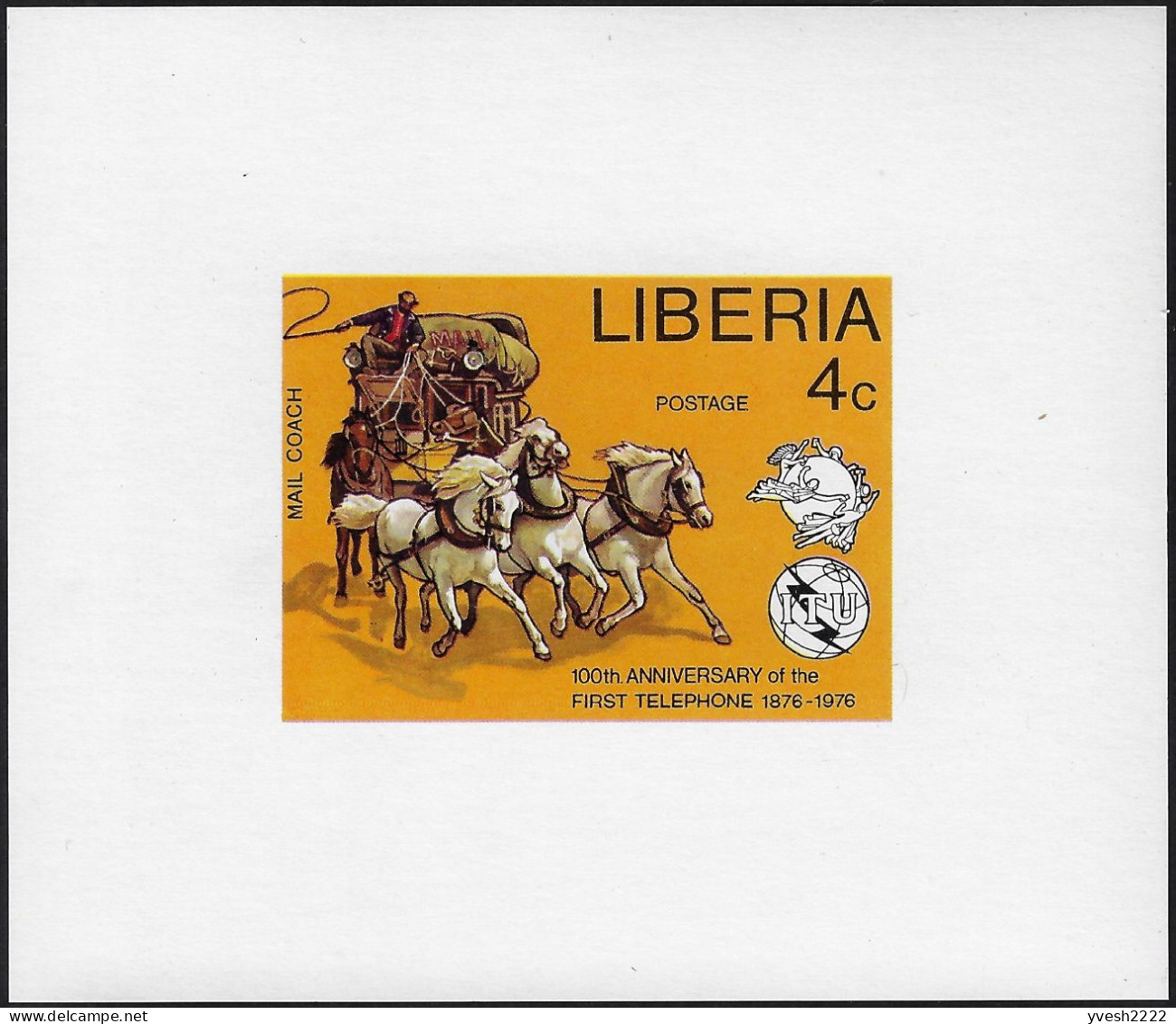 Libéria  1976 Y&T 713 Feuillet De Luxe Gommé. Centenaire Du Téléphone. Voiture Postale à Chevaux - Postkoetsen