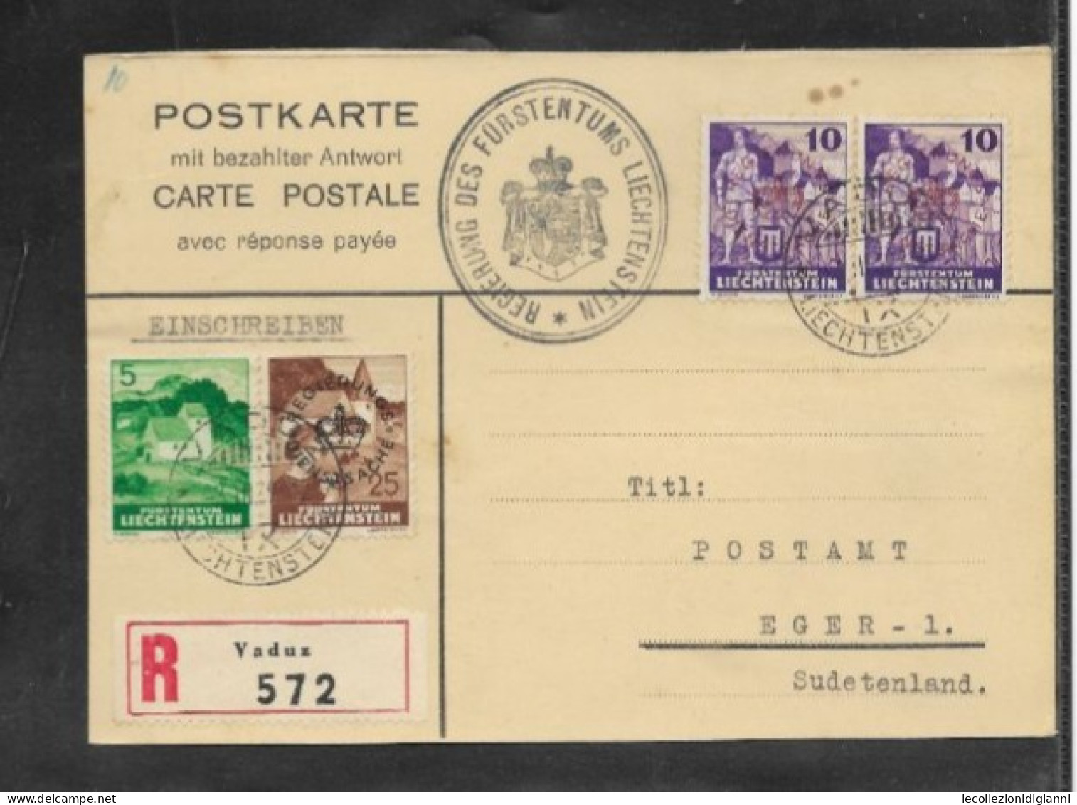 1034) Liechtenstein Postkarte Mit Bezahlter Antwort 1939 Einschreiben Von Vaduz Nach Eger Sudetenland - Lettres & Documents