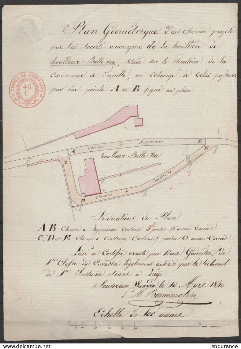 Plan Géométrique Chemin De Propriété Société Houillère De Houlleux-Bellevue à JUPILLE - WANDRE 10 Mars 1840 - Public Works