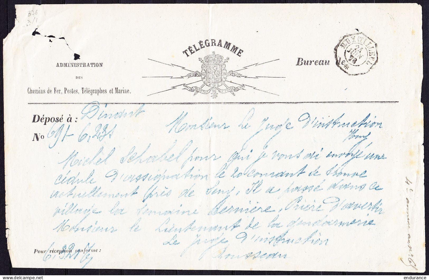 Télégramme Déposé à DINANT Pour Juge D'instruction De Huy - Càd Octogon. HUY (TILLEUL)/24 JUIN 1878 - Telegraph [TG]