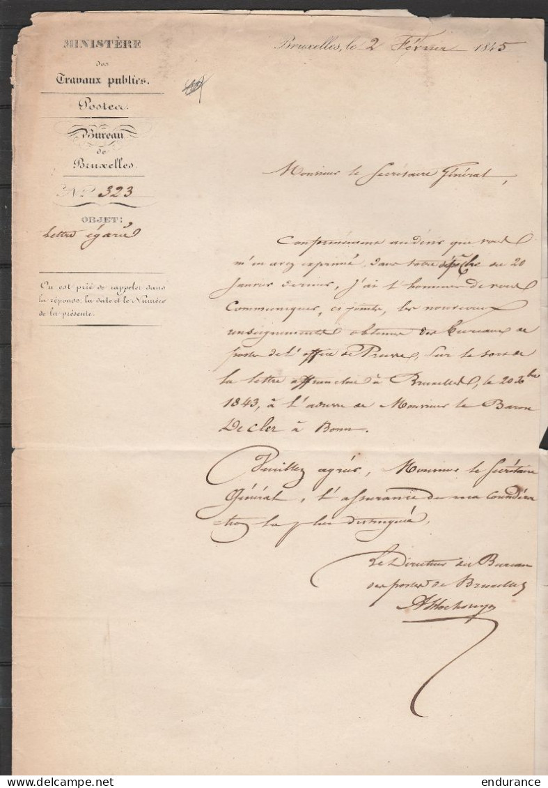 L. Directeur Des Postes Datée 2 Février 1845 De Bruxelles Pour Secrétaire Générald Du Département De La Justice à Propos - 1830-1849 (Belgique Indépendante)
