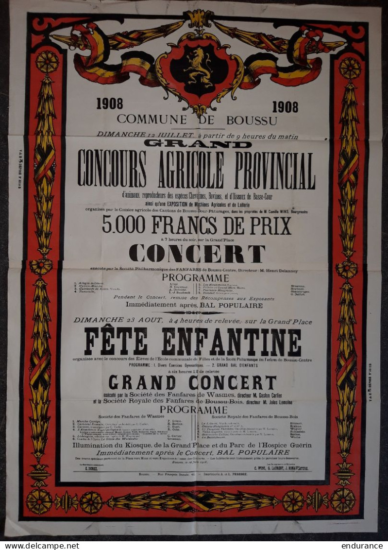 Grande Affiche Couleur - BOUSSU - Concours Agricole, Concert, Fête Enfantine - 12 Juillet 1908 (85x122 Cm) - Affiches