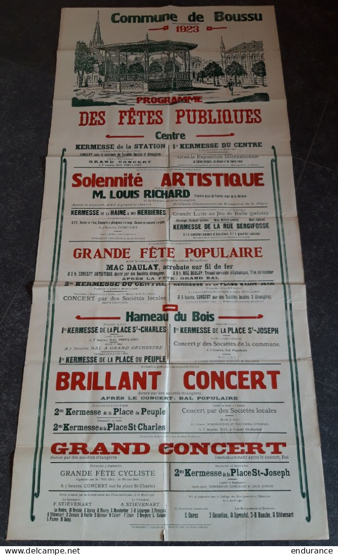 Grande Affiche Couleur Programme Des Fêtes Publiques - Commune De Boussu 1923 (73x160 Cm) - Affiches