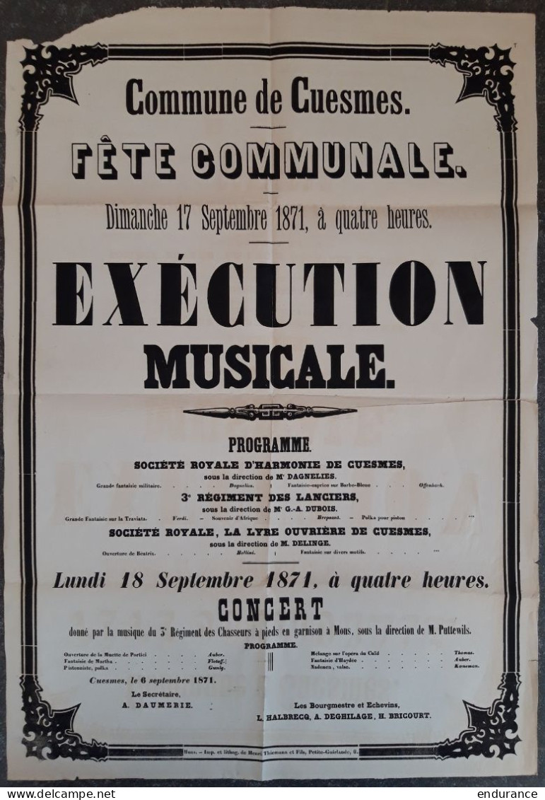 Affiche - Fête Communale De CUESMES - Exécution Musicale Programme - 18 Septembre 1871 (58cm X 83cm) - Affiches