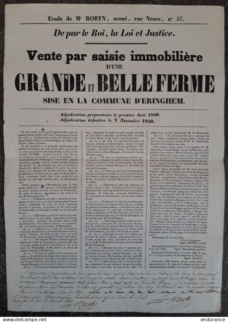 Placard Concernant La Vente Par Saisie Immobilière D'une Ferme à ERINGHEM - Dunkerque 20 Mai 1840 (29x41 Cm) - Posters