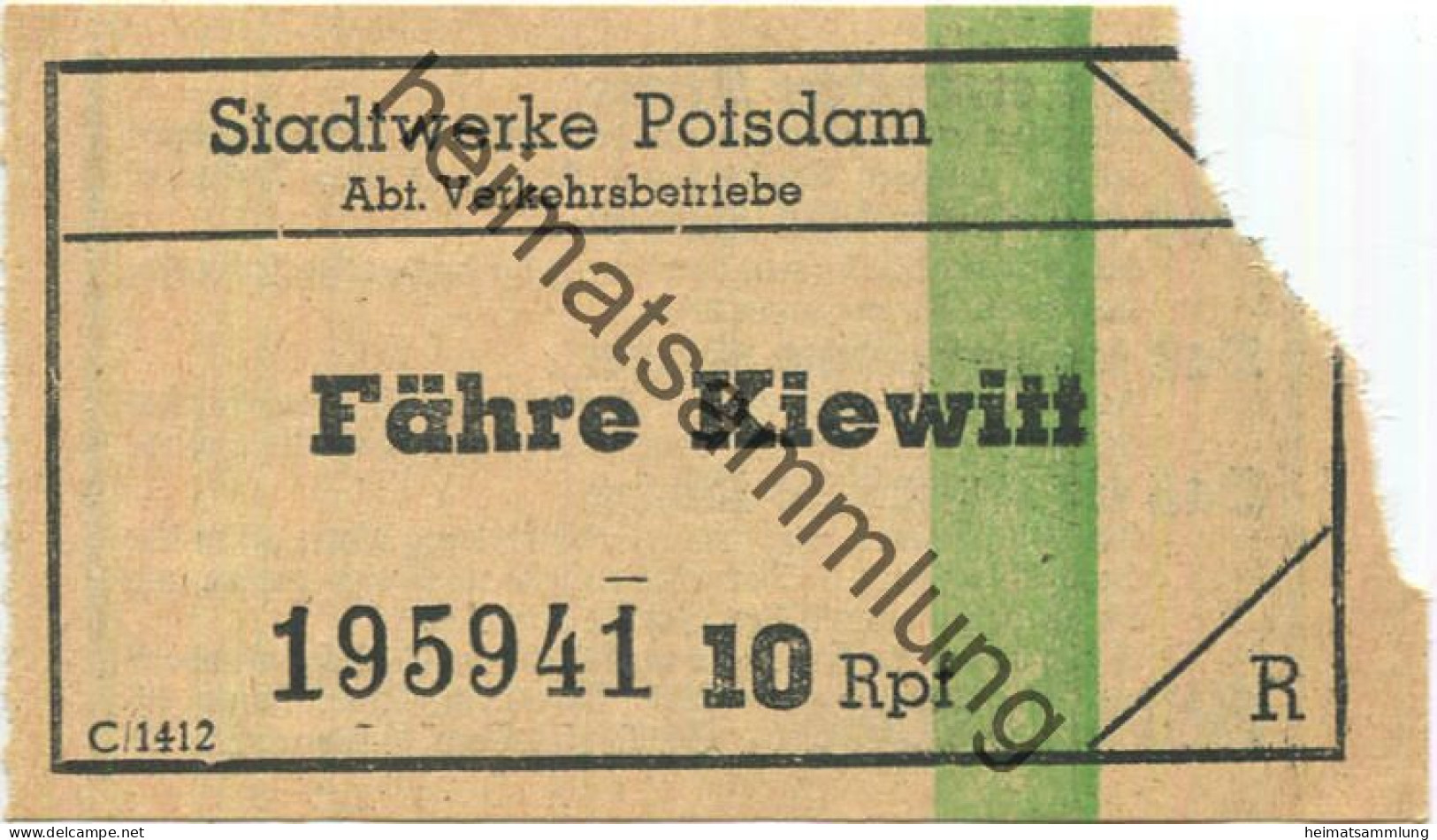 Deutschland - Potsdam - Stadtwerke Potsdam Abt. Verkehrsbetriebe - Fähre Kiewitt - Fahrschein 10Rpf. - Rückseitig Werbun - Europa