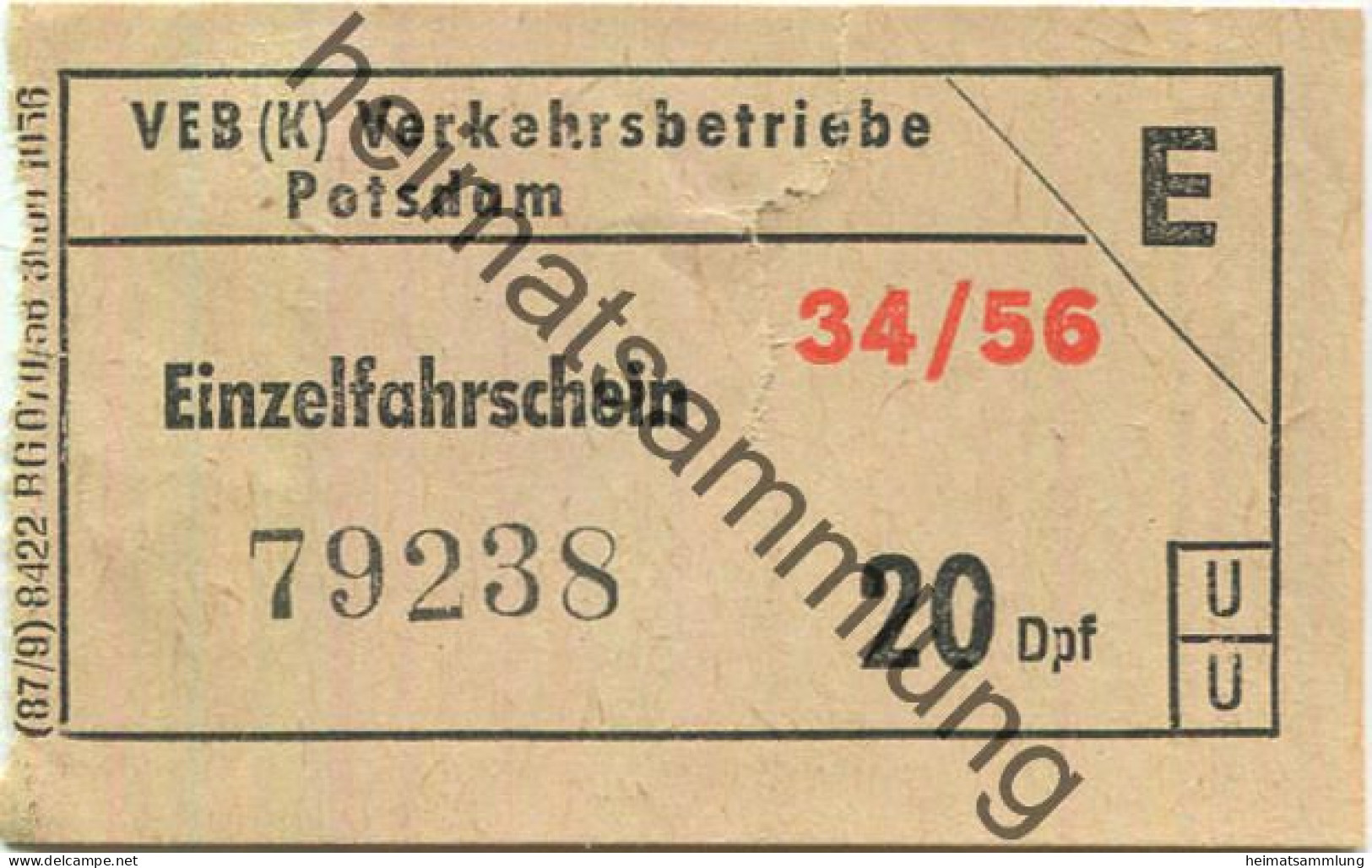 Deutschland - VEB (K) Verkehrsbetriebe Potsdam - Einzelfahrschein 20Dpf. 1956 - Europe