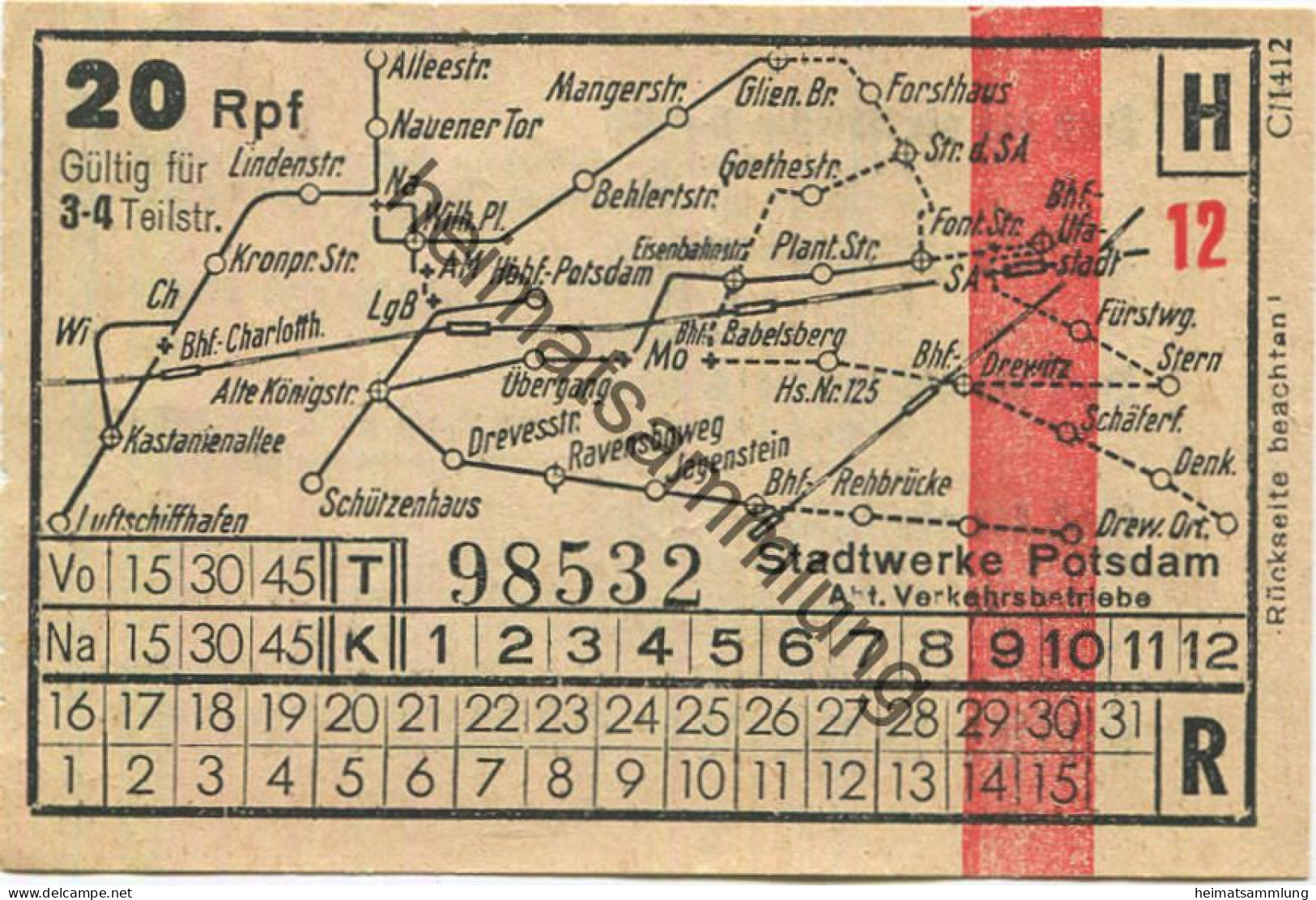 Deutschland - Potsdam - Stadtwerke Potsdam Abt. Verkehrsbetriebe - Fahrschein 20Rpf. - Rückseitig Werbung Für Eine Elekt - Europa