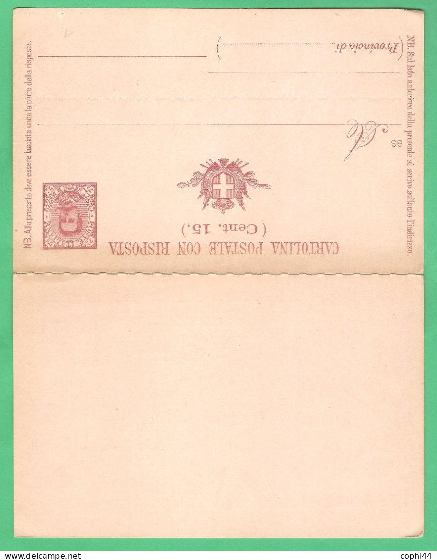 REGNO D'ITALIA 1891 CARTOLINA POSTALE UMBERTO I DOMANDA+RISPOSTA Mil. 93 RARA (FILAGRANO C19) C 7,5+7,5 NUOVA - Stamped Stationery