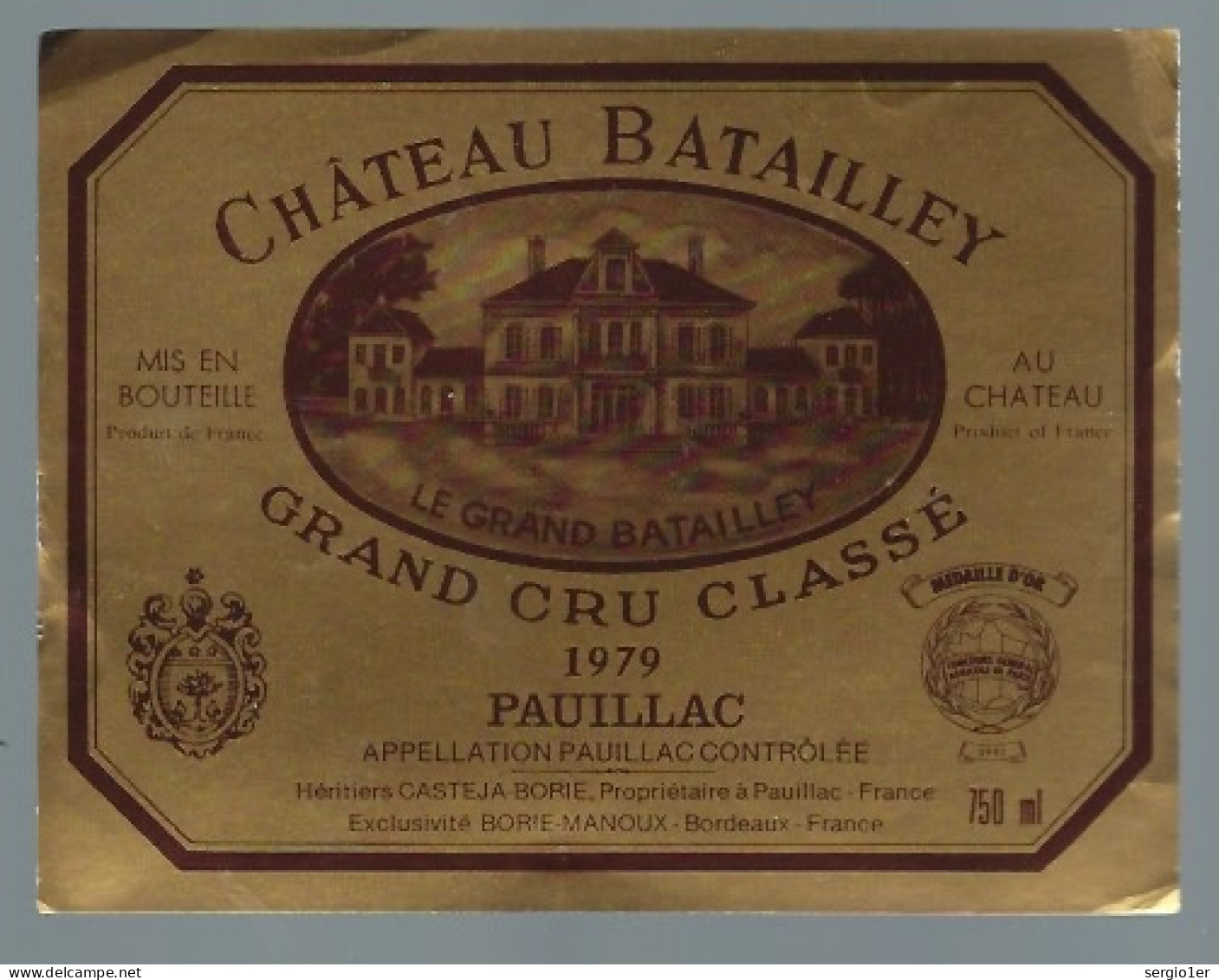 Etiquette Vin  Chateau  Batailley Grand Cru Classé Pauillac 1979 Héritiers Casteja-Borie Propriétaire - Bordeaux