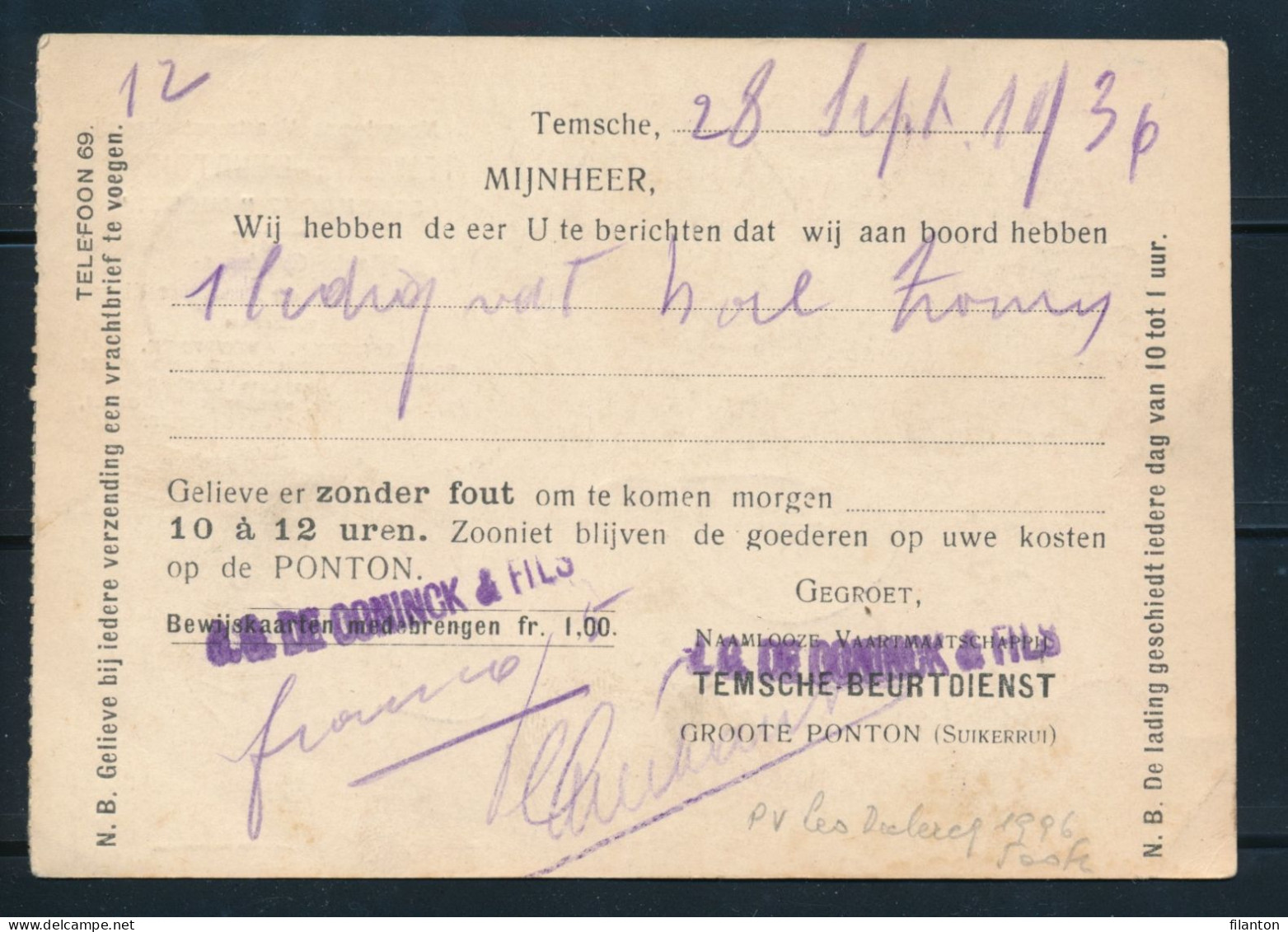 OBP Nr 340 Op Document "TEMSCHE BEURTDIENST - STOOMBOOT AUGUST" Traject Temsche-Antwerpen Dd. 28-09-1936 - 1936-1951 Poortman
