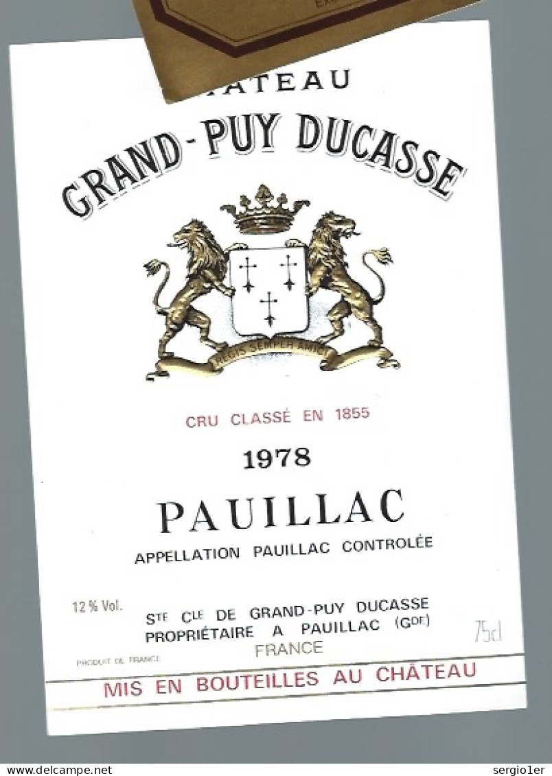 Etiquette Vin  Chateau  Grand Puy Ducasse  Grand Cru Classé Pauillac 1978 - Bordeaux