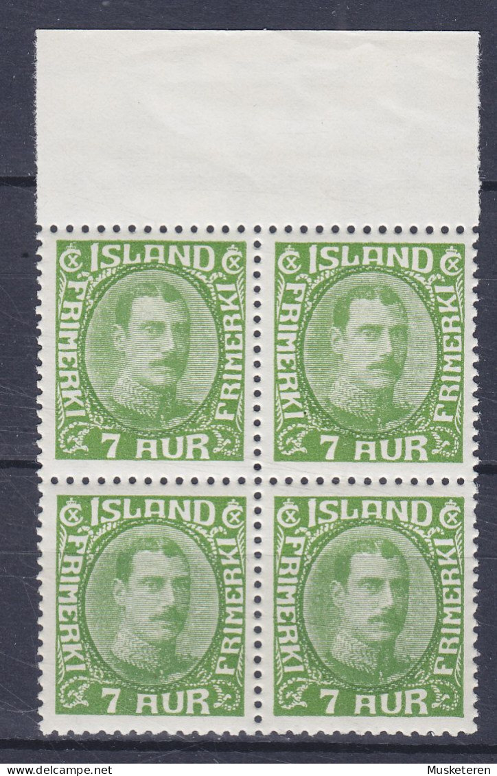 Iceland 1933 Mi. 160, 7 Aur König King Christian X. 4-Block M. Rand W. Top Margin, MNH** (2 Scans) - Neufs