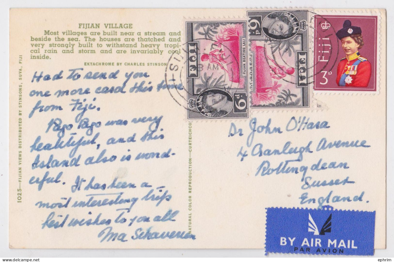 Fidji Fiji Carte Postale Timbre Reine Fijian Beating Lali Queen Stamp Air Mail Postcard - Fiji (...-1970)