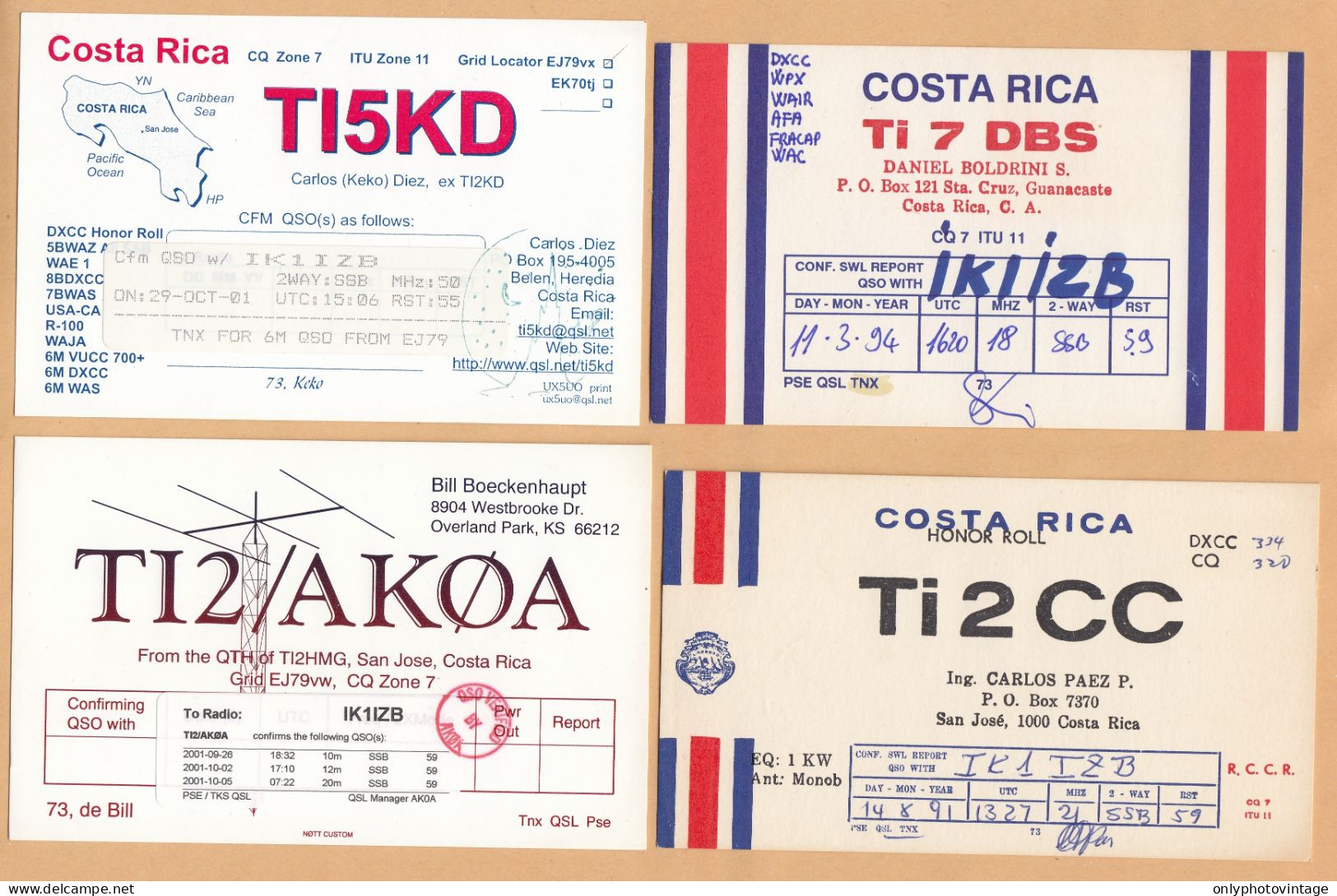 Costa Rica, Lot 11 QSL Radio Cards - Radio Amateur