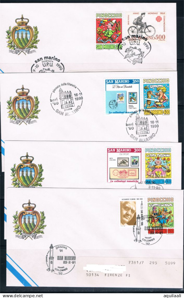 SAN MARINO 1990 - Serie "Pinocchio" Di Collodi Su 4 Buste Con Annullo Speciale. - Lettres & Documents