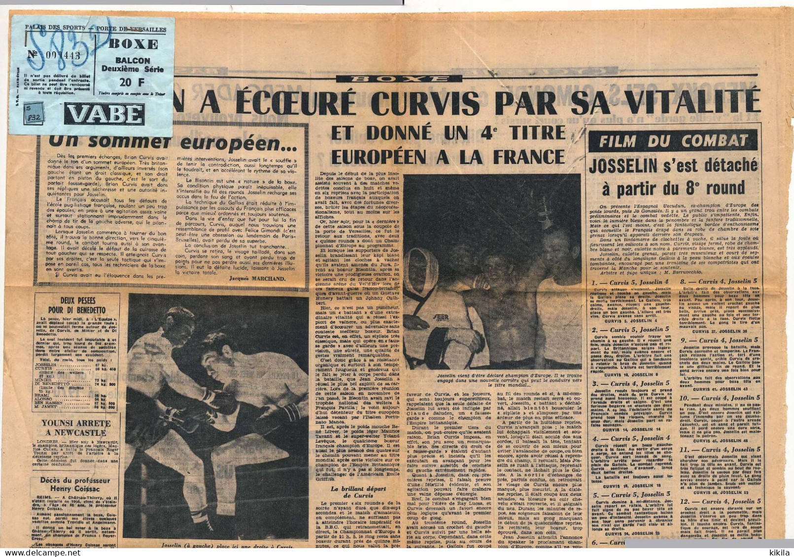 Billet D'entrée Au Match De Boxe Jean Josselin Contre Brian Curvis Le 25 Avril 1966 Et Page D'un Journal Du Lendemain - Tickets D'entrée