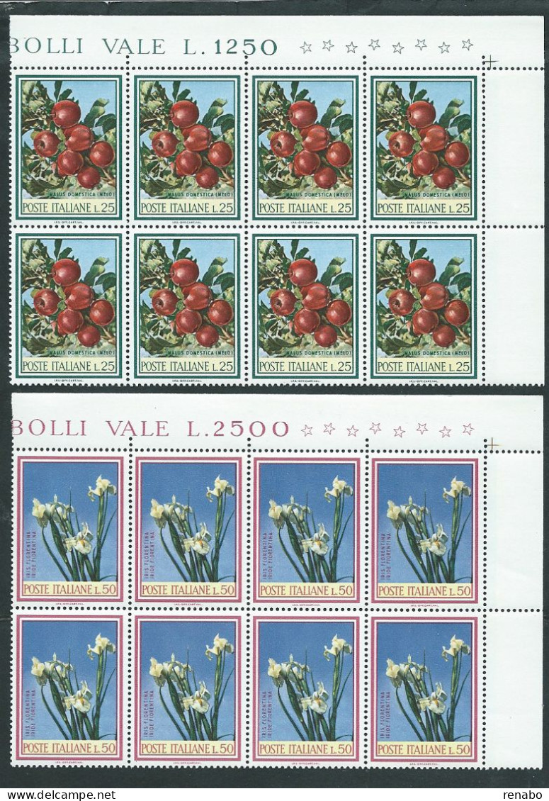 Italia 1967; Flora 2° Serie: Ramo Di Melo + Iris. Serie Completa In Blocchi D' Angolo Di 8 Valori = 2 Quartine. - 1961-70: Mint/hinged