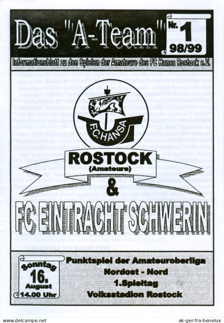 Fußball-Programm PRG FC Hansa Rostock Amateure / II Vs FC Eintracht Schwerin 18. 8. 1998 Dynamo Mecklenburg-Vorpommern - Programmes