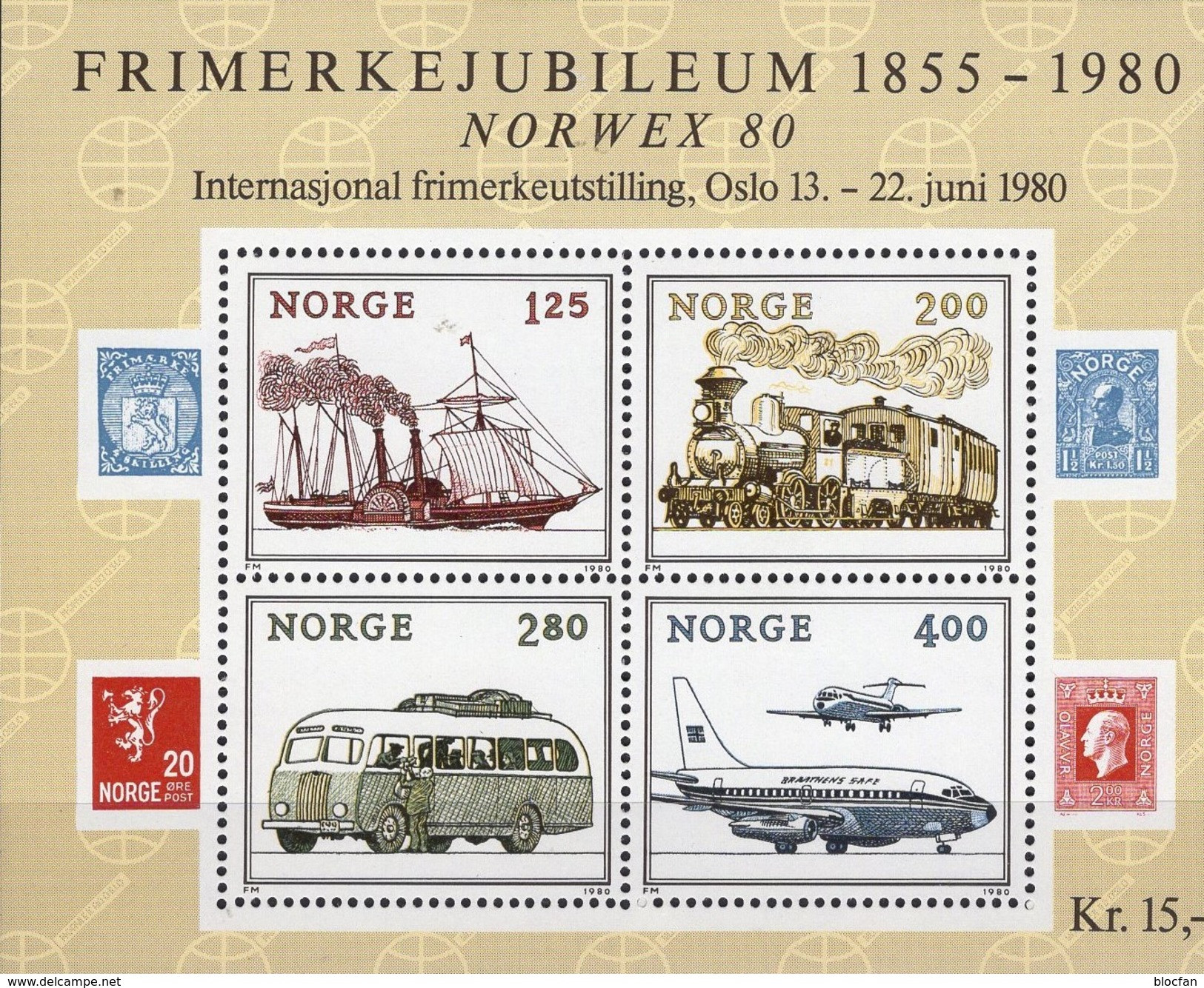 NORWEX EXPO 1980 Norwegen Block 3 ** 4€ Verkehr Dampfer Lok Bus Flugzeuge 737/DC9 Hoja Ss Bloc M/s Trafic Sheet Bf Norge - Bus