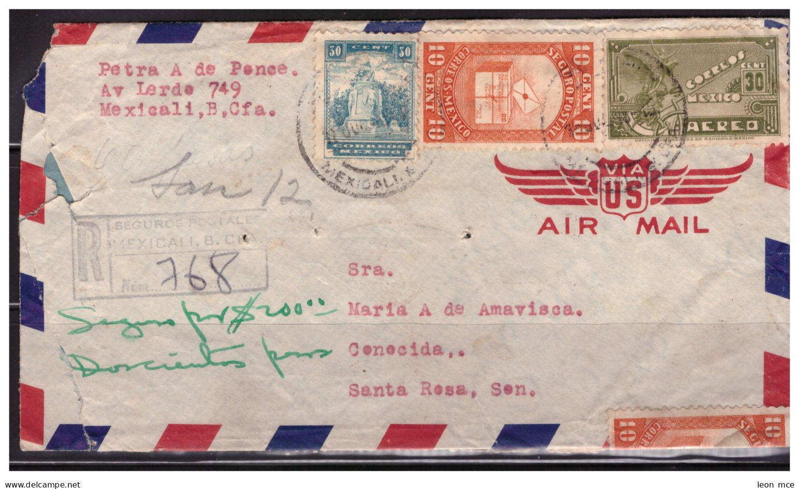 1948 MÉXICO SOBRE CIRCULADO CON SELLOS DE SEGURO POSTAL, REGISTERED AIR COVER WITH MULTIPLE STAMPS - México