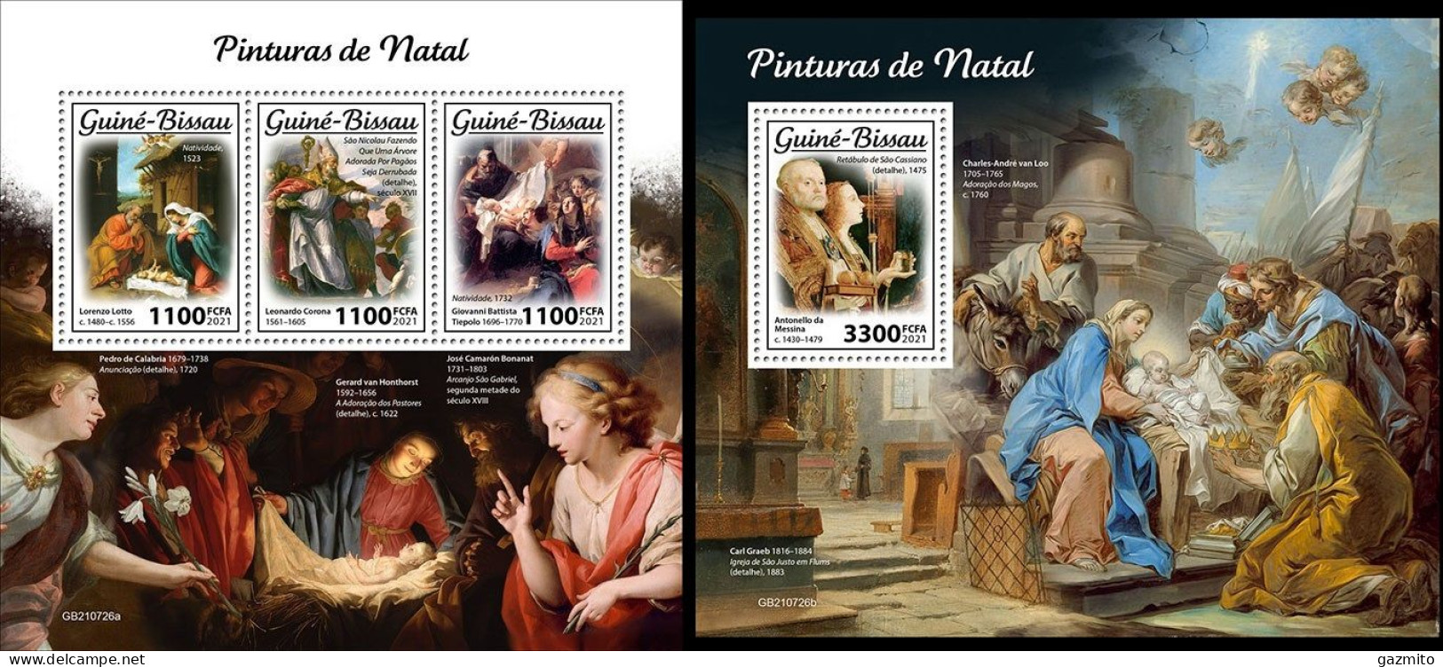 Guinea Bissau 2021, Christmas Paintings, Lotto, Corona, Battista, Messina, 3val In BF+BF - Religion