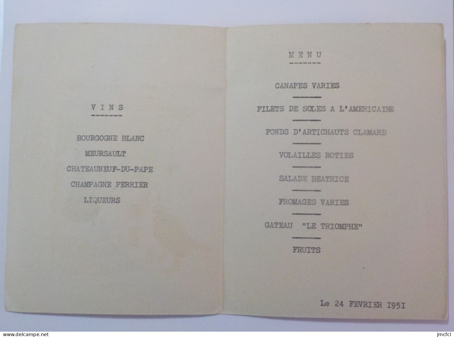 MENU (24 Février 1951) - Menus