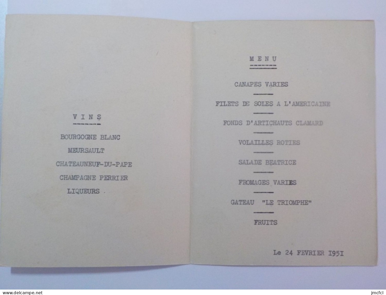 MENU (24 Février 1951) - Menus