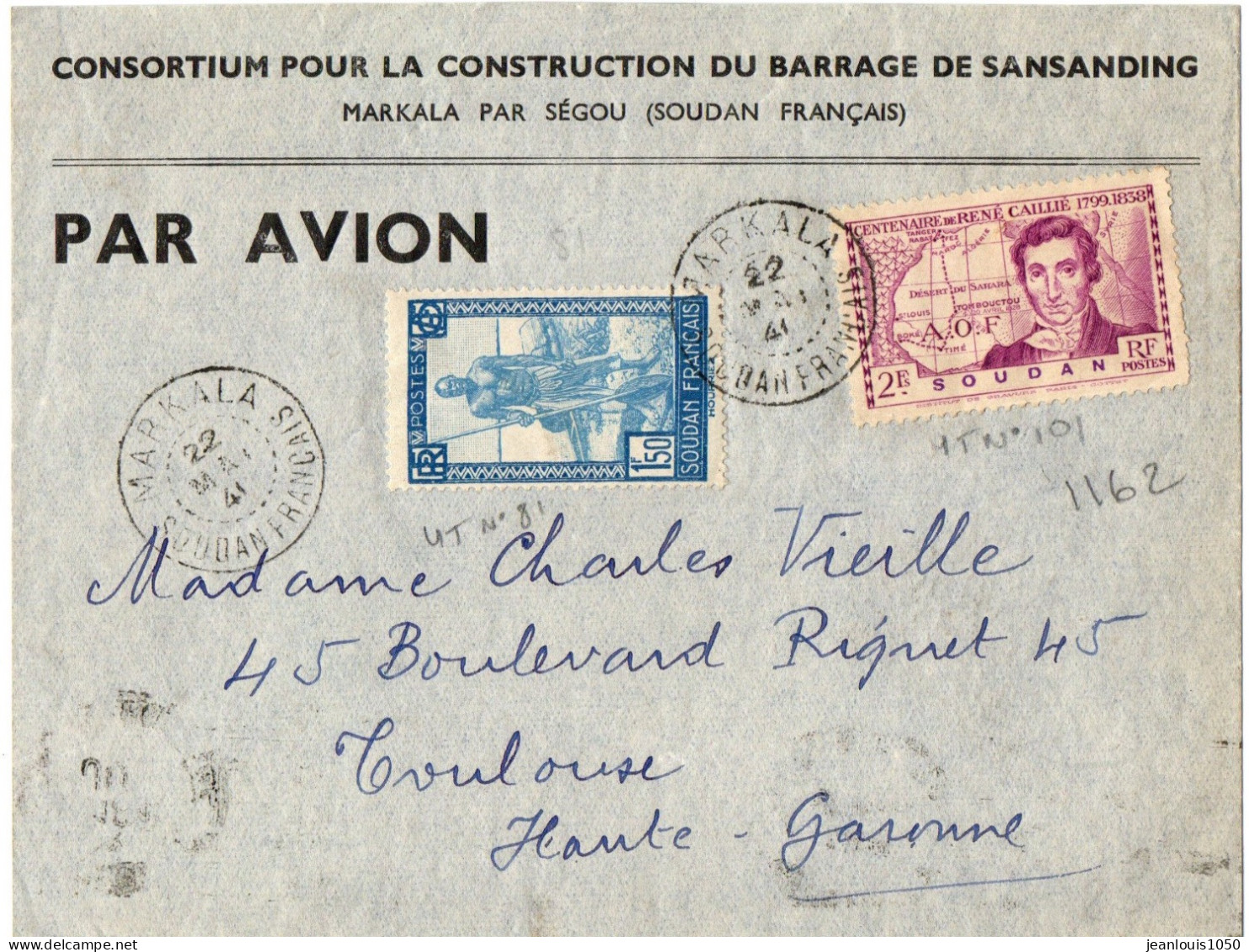 SOUDAN FRANCAIS AFFRANCHISSEMENT COMBINE SUR LETTRE EN POSTE AERIENNE OBLITERE MARKALA  POUR LA FRANCE - Storia Postale