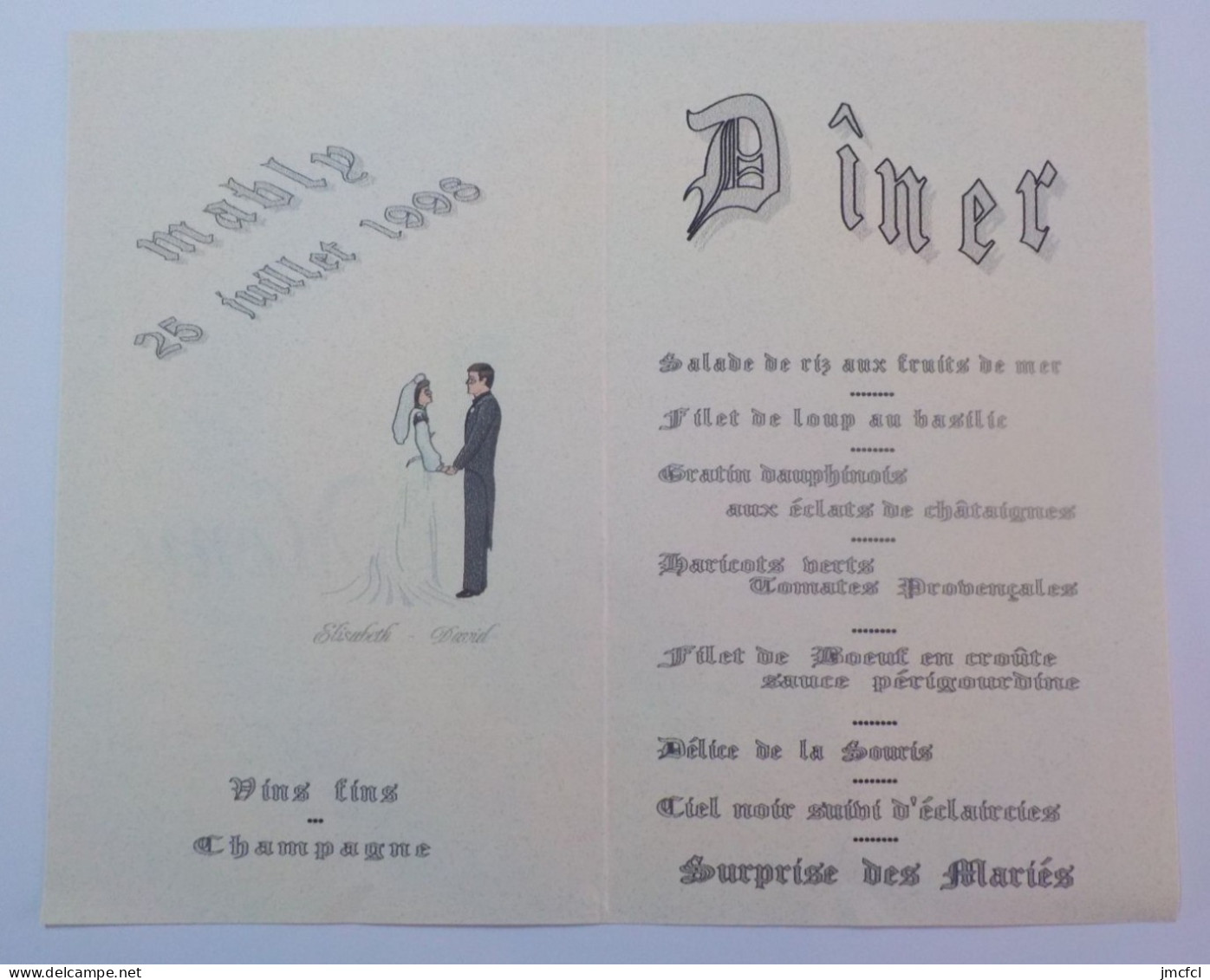 MENU  De  Mariage 25 Juillet 1998 - Menus