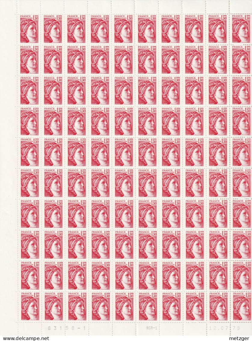 Feuille Complète De 100 Timbres Du N° 2059 Sabine 1f.30 Rouge - Feuilles Complètes