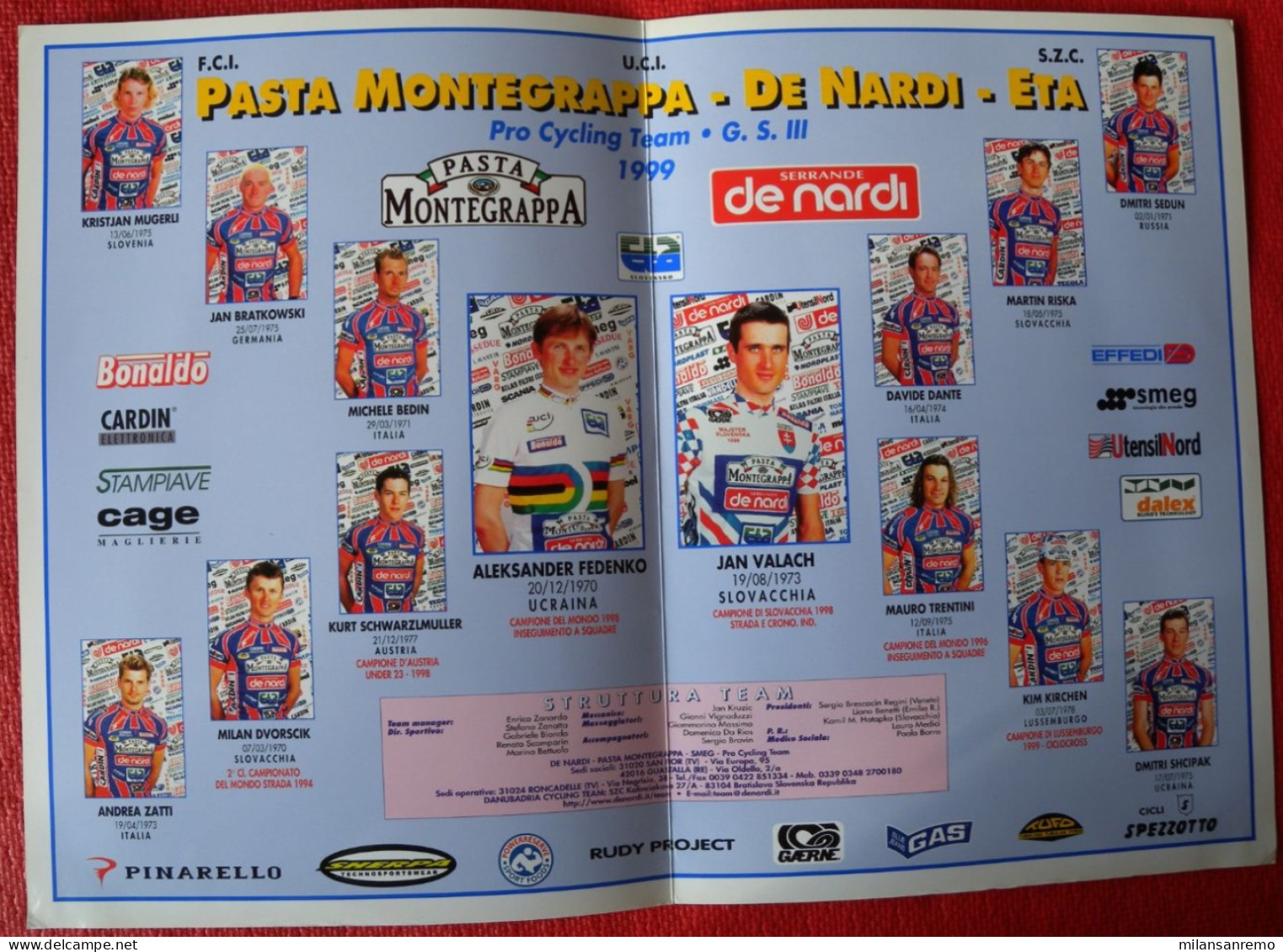 CYCLISME: CYCLISTE : PLAQUETTE PRESENTATION EQUIPE DE NARDI MONTEGRAPPA 1999 - Wielrennen