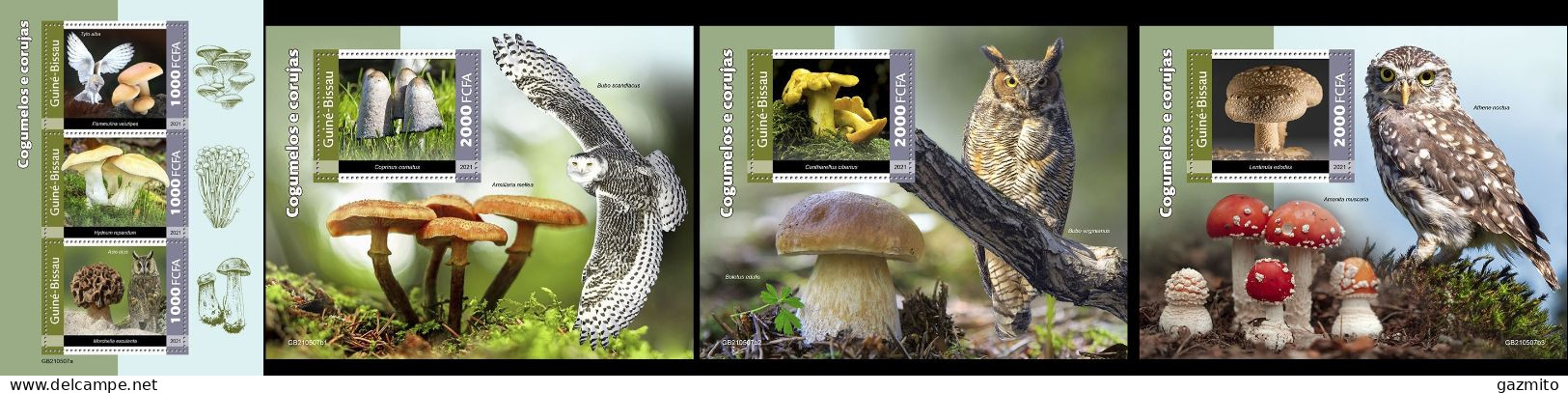 Guinea Bissau 2021, Mushrooms And Owls, 3val In BF +3BF - Owls
