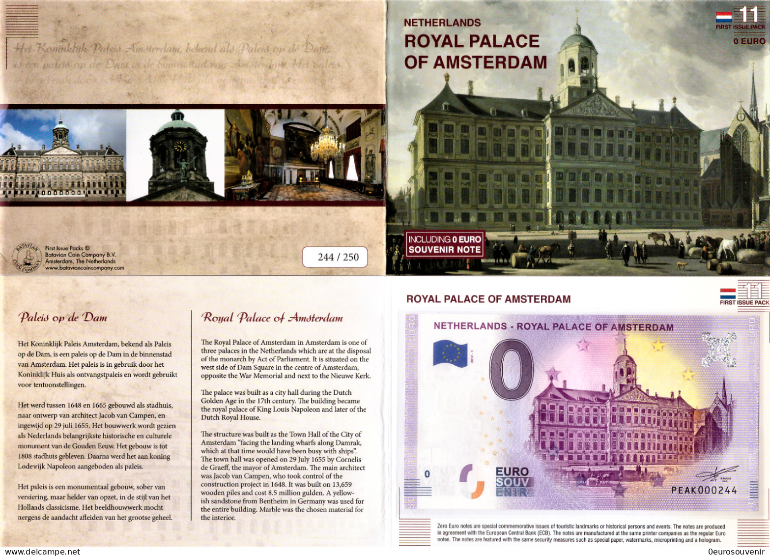 0-Euro PEAK 2019-1 NETHERLANDS - ROYAL PALACE OF AMSTERDAM First Issue Pack No. Nur Bis #250 ! - Essais Privés / Non-officiels